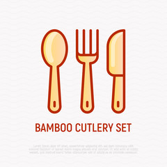 Bamboo cutlery set thin line icon. Modern vector illustration.