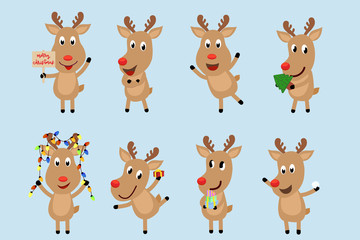 Reindeer charactor set. Charactor design of  hold merry christmas tag, charming act, happy smile, hold the present gift and Christmas light for Christmas decoration element. vector illustration