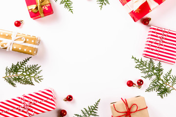 Christmas mood concept. Layout composition with traditional festive attributes, green decorative fresh pine tree branches. Winter holidays season. Background, copy space, close up, top view, flat lay.