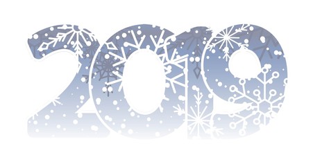 New Year 2019. Calendar. White inscription, merry Chrismas. Festive modern minimalist. Creative rooms. Dark background. Smartphone laptop. Banner, poster, numbers, snowflake, illustration flat design