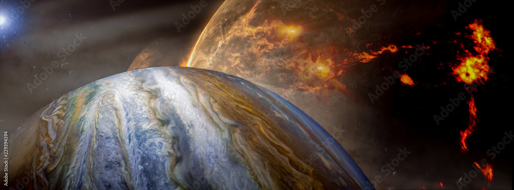Poster panoramic view of planets in distant solar system in space. elements of this image furnished by nasa