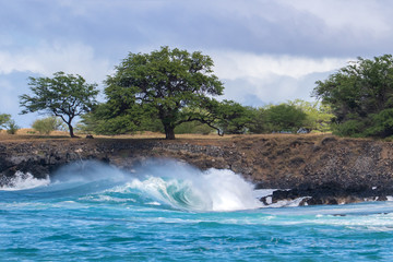 Curling wave cresting and trailing sea spray as it breaks near the shoreline of the Kona coast on Hawaii's Big Island. Behind it is a rocky strip of land with trees. Storm clouds are overhead.