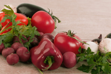 frame made of vegetables on wooden background.