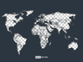 Worldwide map with dark blue oceans dropping a soft shadow on the transparent continents. Vector illustration