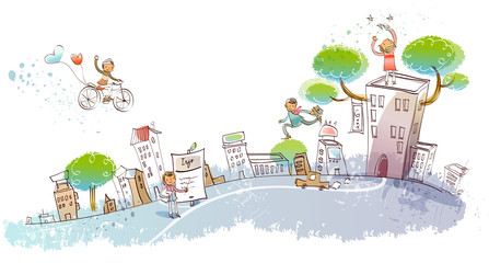 Man flying on a bicycle over a city