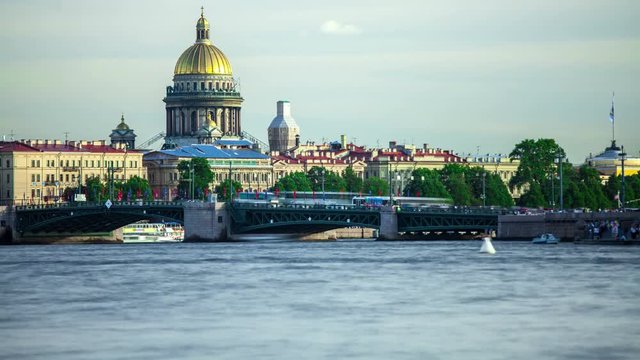 View on the Neva river and St Isaac's Cathedral. Shot in Saint-Petersburg. Timelapse.
