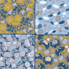 Set of seamless floral patterns. Textures with meadow flora for surfaces, paper, wrappers, backgrounds, scrapbooking. Backgrounds with peonies, wild rose, chrysanthemum, clover. Vector illustration.