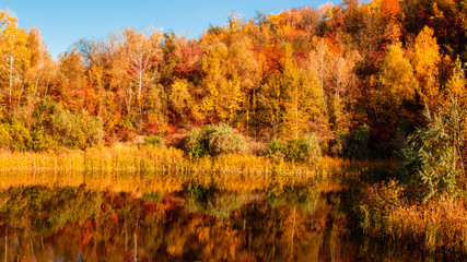 Fantastic lake in beautiful autumn orange forest