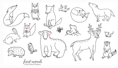Ręka rysująca kreskowej sztuki kreskówki doodle zwierzęcia set w wektorze. Ilustracje zwierząt leśnych na białym tle - 229396721