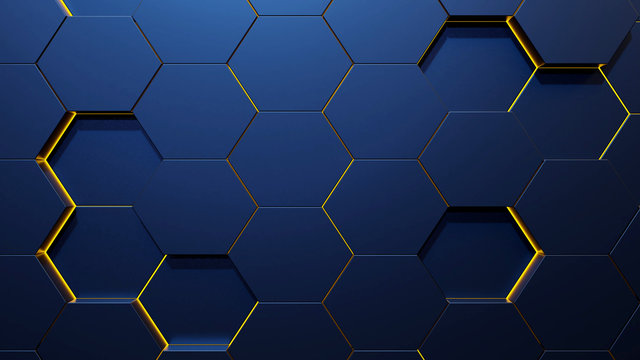 3d Render -  Blue Hexagon Background - Yellow light shining through the cutlines