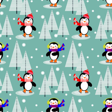 Cute penguin in Christmas winter seamless pattern.