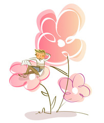 Man sitting on a flower with a laptop on his lap