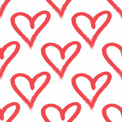 Repeated outlines of hearts drawn by hand with rough brush. Simple romantic seamless pattern. Sketch, watercolor, grunge, paint.