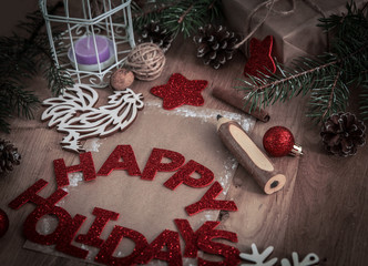 Christmas postcard,pencil and Christmas decorations in vintage s