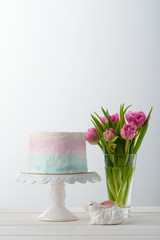 Cake, spring tulips and bunny