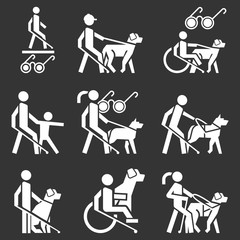 Blind man icon set. Simple set of blind man vector icons for web design on gray background