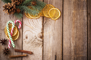 Christmas decorations on old wooden background