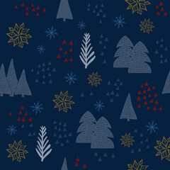 The hand drawn snowflake and night christmas tree seamless pattern blue background.
