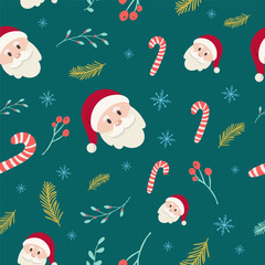 The santa claus and hand drawn plants candy cane christmas seamless pattern green background.