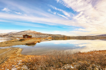 Obraz premium Two lakes Orkel and Masingtjoenna located very close to each other in Oppdal area, Norway 