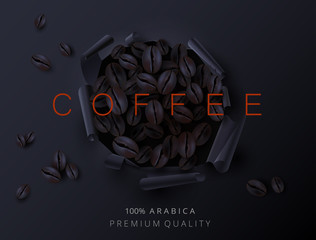 Black poster with coffee beans. Advertising or label template.