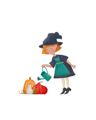 Cartoon Little witch watering pumpkin from watering can. Cute raster people character illustation as print design and postcard. Raster isolated Illustration