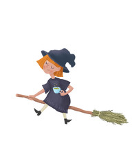 Cartoon flying Little sleepy witch on a broomstick. Cute character illustation as print design and postcard. Raster Illustration Isolated on white background
