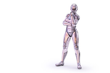 Fototapeta na wymiar Female robot standing and thinking isolated on white background. Android, humanoid or cyborg artificial intelligence technology concept. 3D illustration