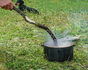 cooking fish soup in the forest