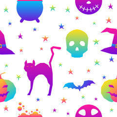 Abstract rainbow happy halloween seamless background. Modern pattern for halloween card, party invitation, menu, wallpaper, holiday shop sale, bag print, t shirt, workshop advertising etc.
