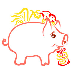 Piglet with a gift in a box or cake, wings and hat