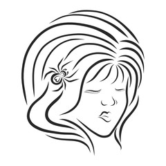 Cute girl with a magnificent hairstyle and spider in hair, head