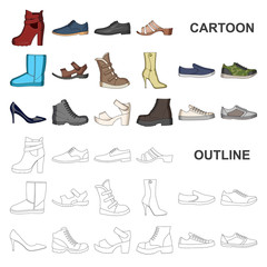 Different shoes cartoon icons in set collection for design. Men and women shoes vector symbol stock web illustration.