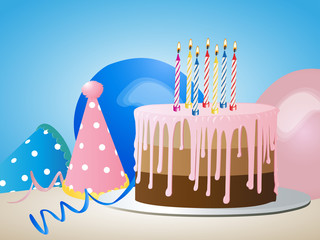 Happy birthday background with cake and balloon. Background. Vector illustration.
