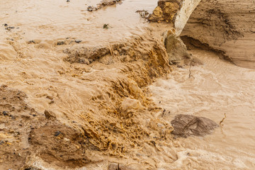 Strong storm erode the farmland, dragging the fertile surface and causing muddy floods. Detail of...