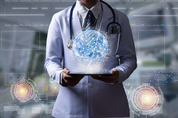 doctor holding digital device to show hologram with global connection or world wide connection,...