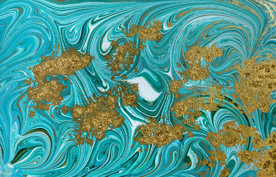 Marble pattern. Blue and green marbling background. Golden sequins