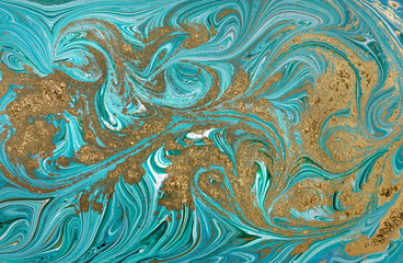 Marble pattern. Blue and green marbling background. Golden sequins