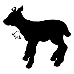 Fototapeta premium Little deer or calf with a bell, black silhouette