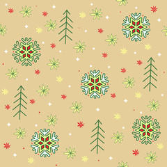 Christmas or New Year colored pattern with snowflakes and Christmas trees