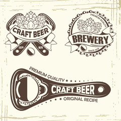 Set of three beer badge, grange print stamps, monochrome style, vector

