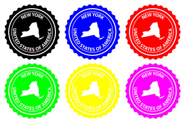 New York - rubber stamp - vector, New York (United States of America) map pattern - sticker - black, blue, green, yellow, purple and red 