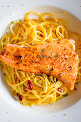 grilled Salmon with Aglio Olio spaghetti with herb