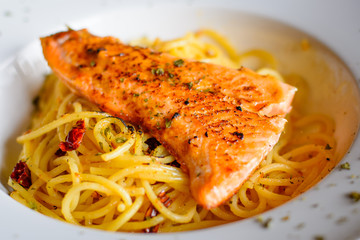 grilled Salmon with Aglio Olio spaghetti with herb