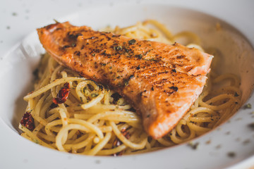 grilled Salmon with Aglio Olio spaghetti with herb