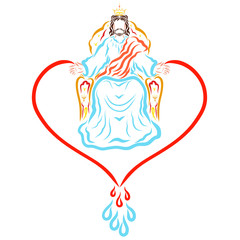 Glorified Lord Jesus on the throne, in the crown, heart and drops for healing