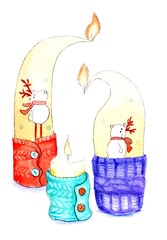watercolor christmas illustration of candles in scarves
