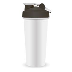 Sports nutrition protein shaker bottle template. White jar with black lid for gym and fitness. Quality vector illustration easy to modify.