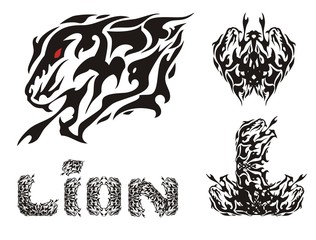 Aggressive lion head symbols and lion text. Tribal growling lion head, letter L, the lion's text and the butterfly formed by the lion's heads. Black and white
