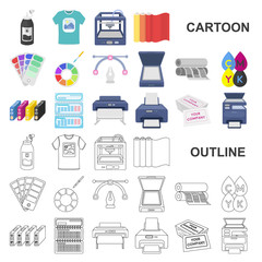 Typographical products cartoon icons in set collection for design. Printing and equipment vector symbol stock web illustration.